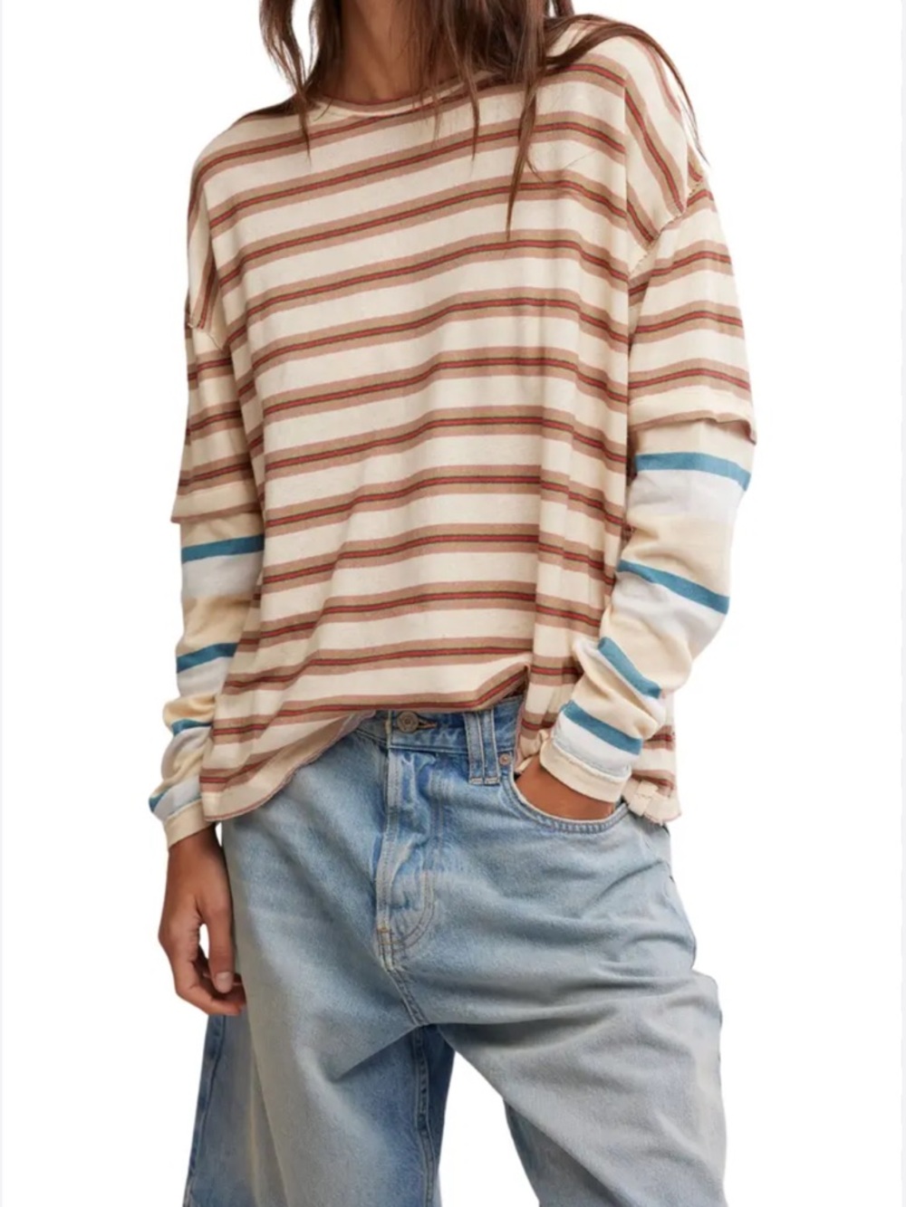 We the Free Nina Stripe Long Sleeve Tee in Neutral Combo Sz M - Picture 9 of 10